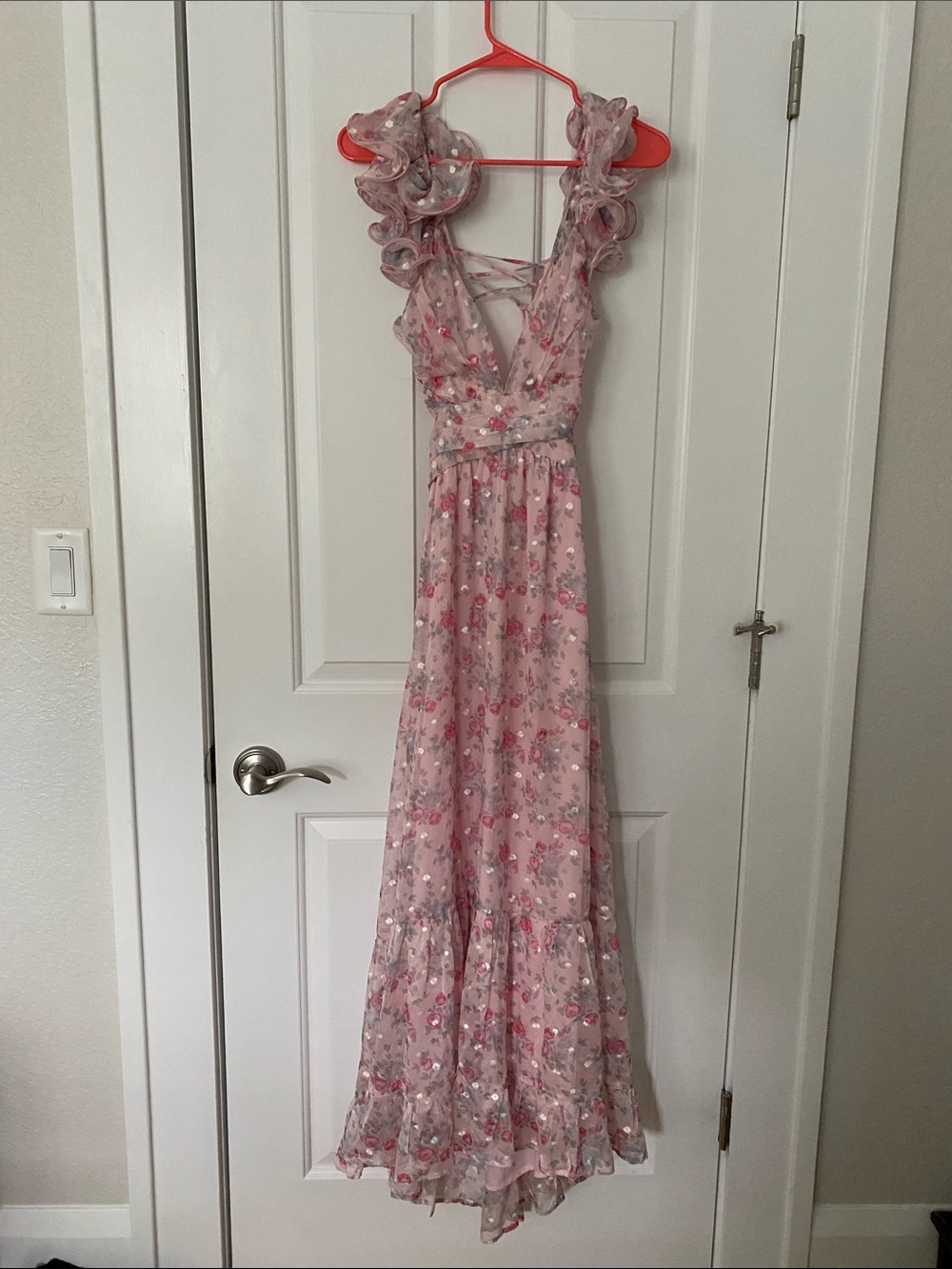 Storia Pink Floral Ruffle-Strap Maxi Dress